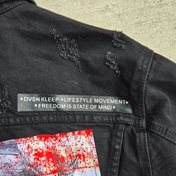 KLEEP Black Distressed Graphic Denim Statement Jacket Mens size S - Picture 8 of 9